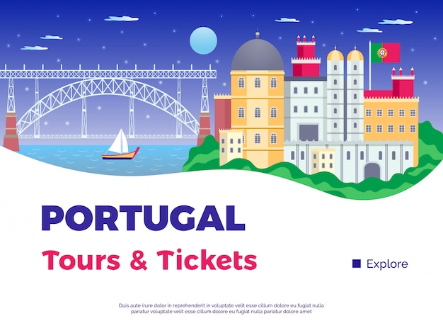 Free vector explore portugal poster with tours and tickets symbols flat vector illustration