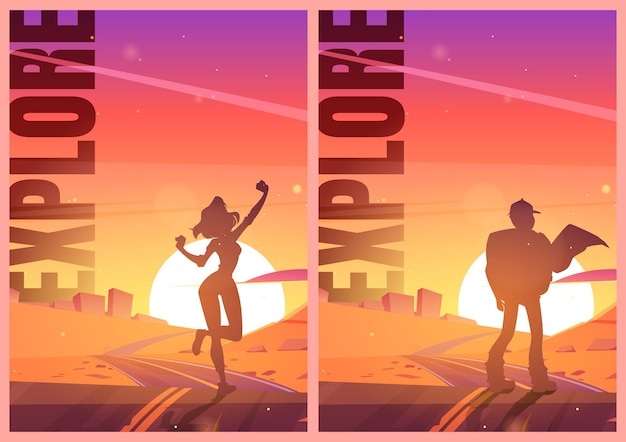 Explore posters with man hiker and girl silhouettes on road in desert. vector flyers of travel and hiking with cartoon illustration of desert landscape with highway, rocks and tourists at sunset