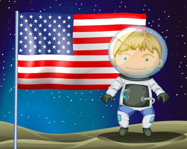 An explorer beside the flag of America