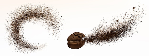 Explosion of coffee bean and powder isolated on white background. realistic illustration of shredded roasted ground coffee and burst of arabica grain with splash of brown dust