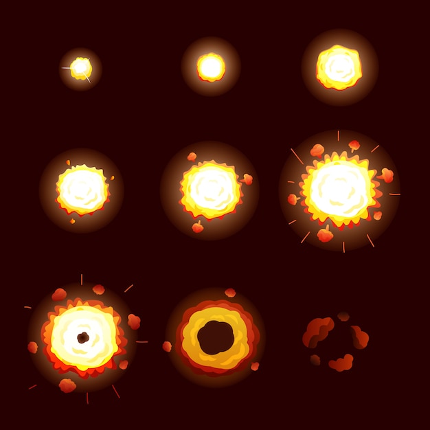 폭발 단계 기호 만화 벡터 일러스트 레이 션 설정 폭발 과정