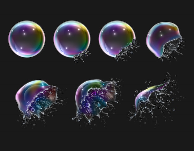 Этапы взрыва реалистичные глянцевые круглые радуги мыльные пузыри на черном изолированные