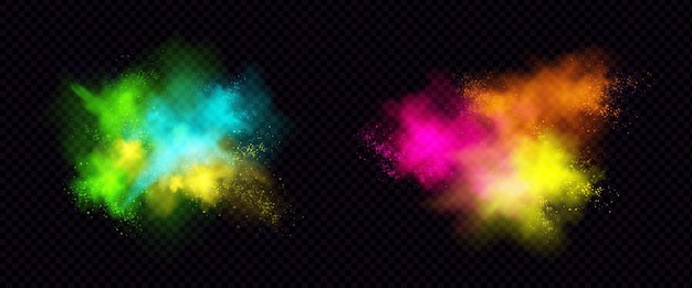 Explosions of color powder, paint dust with particles.