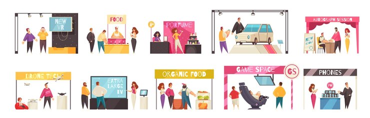 Free Vector expo stand set with trade show symbols flat isolated vector illustration