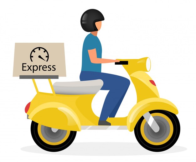 Premium Vector Express Delivery Flat Vector Illustration Courier Riding Yellow Scooter With Parcel Cartoon Character Isolated Deliveryman Driving Motorcycle Motorbike Shipping Service Concept