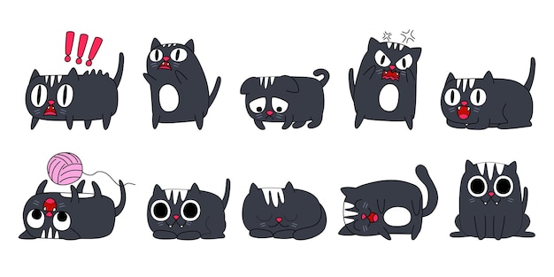 Выражение набора концепции эмоций. Кошачий персонаж в разных животных эмоциях.