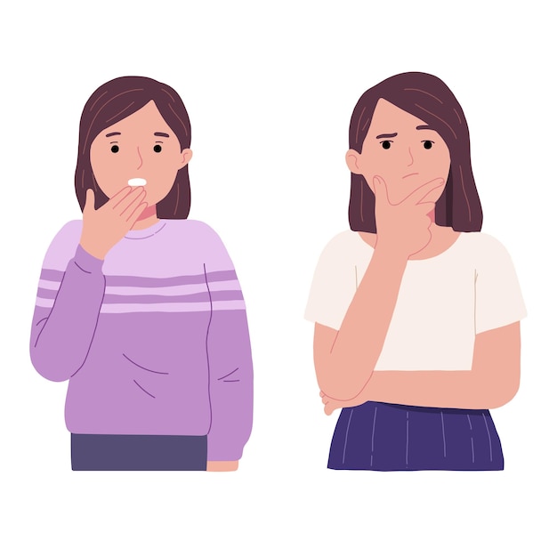 Free vector expression on the face of a young woman who is surprised and thinking with her hand on her chin