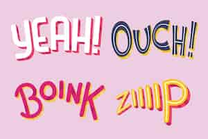 Free vector expressions and onomatopoeias lettering collection in retro srtyle