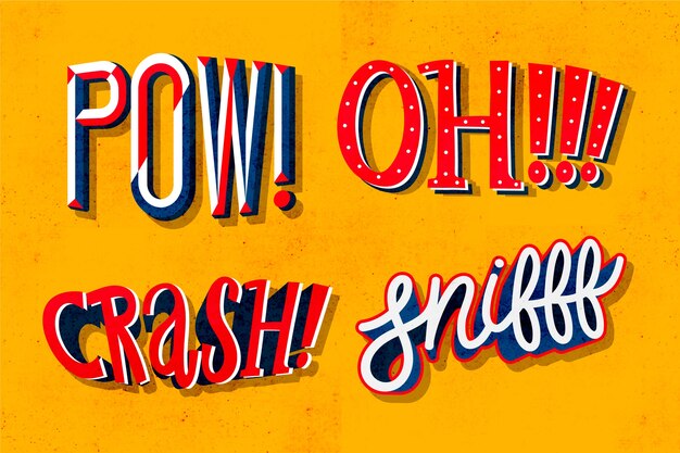 Expressions and onomatopoeias lettering collection in retro srtyle