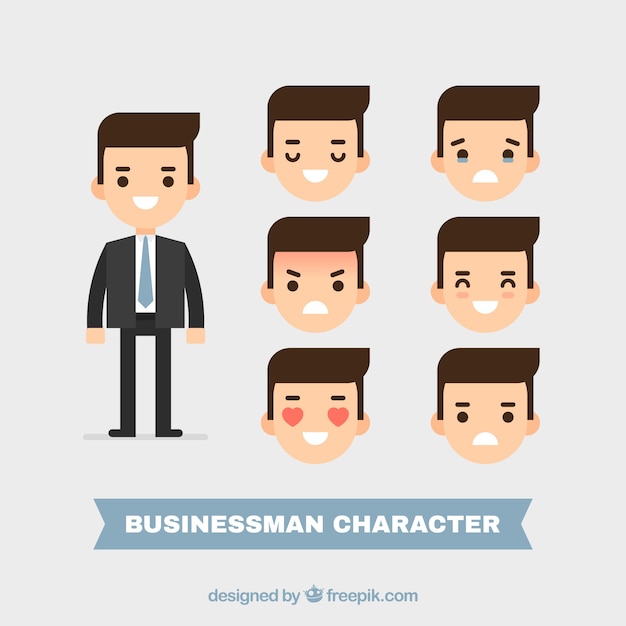 Expressive businessman character with facial gestures in flat design