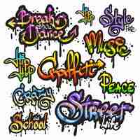 Free vector expressive collection of graffiti urban youth art individual words digital spray paint creator grunge isolated vector illustration