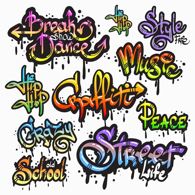 Expressive collection of graffiti urban youth art individual words digital spray paint creator grunge isolated vector illustration