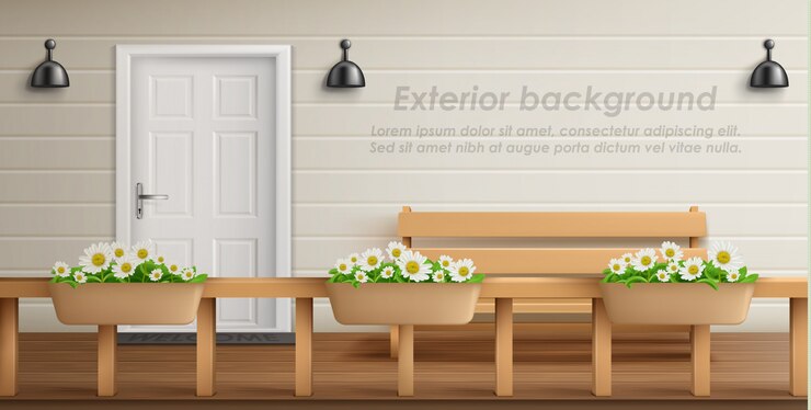 Free Vector exterior background with veranda facade. empty terrace with wooden fence and flowers in pots