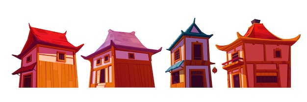 Exterior of chinese houses in cartoon vector illustration set various traditional oriental homes for city or village landscapes chinatown ancient buildings with typical roofs asian architecture