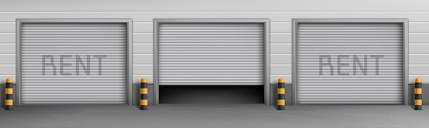 Vettore gratuito concetto di fondo esterno con box garage in affitto, magazzini per parcheggio auto.