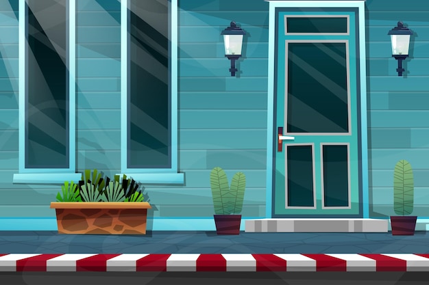 Free vector exterior design house facade with front wooden door of brick house and lamp on blue wall, glass window and potted plant on sidestreet