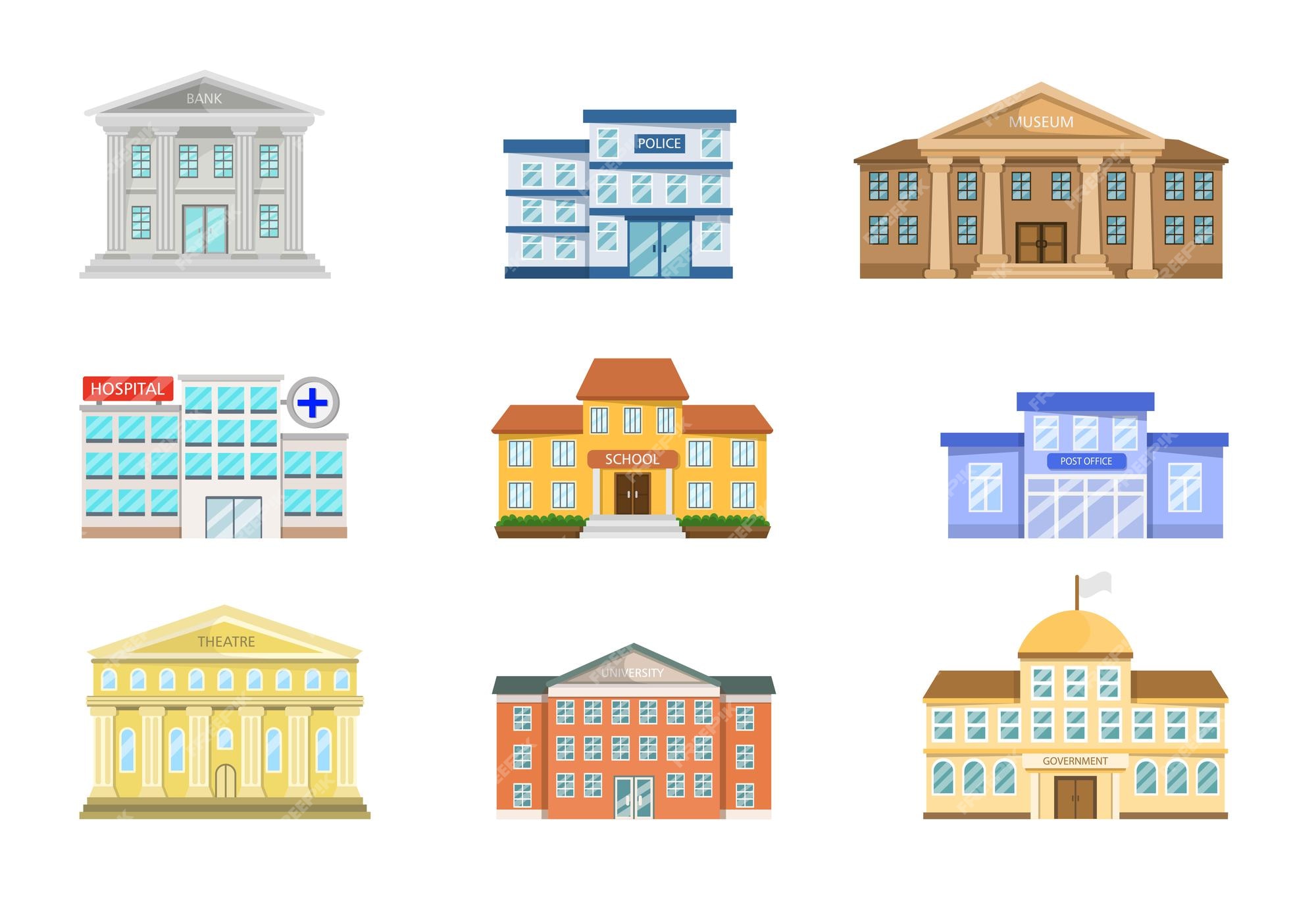 Free Vector | Exterior of museum, hospital, police station, post office, government, bank, school, theatre, university. city, town halls cartoon vector illustration set. house construction, building facade concept Free Vector | Exterior of museum, hospital, police station, post office, government, bank, school, theatre, university. city, town halls cartoon vector illustration set. house construction, building facade concept