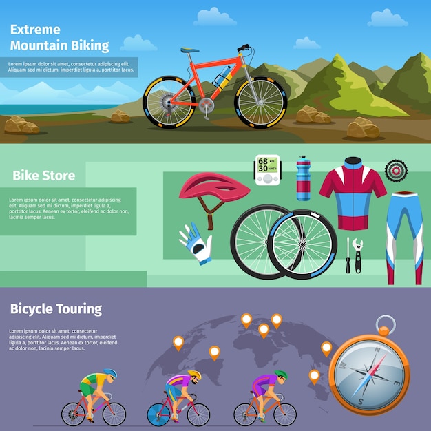 Free vector extreme mountain biking, bike store, bicycle touring banners set. outdoor and compass, shop and cyclist. vector illustration