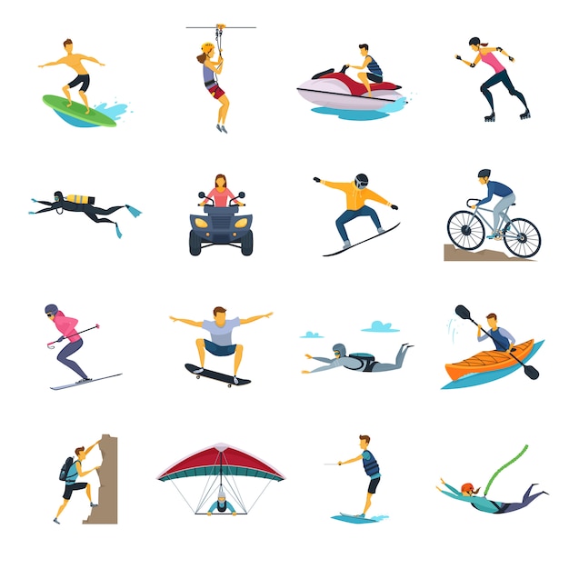 Extreme sport activities flat icons collection