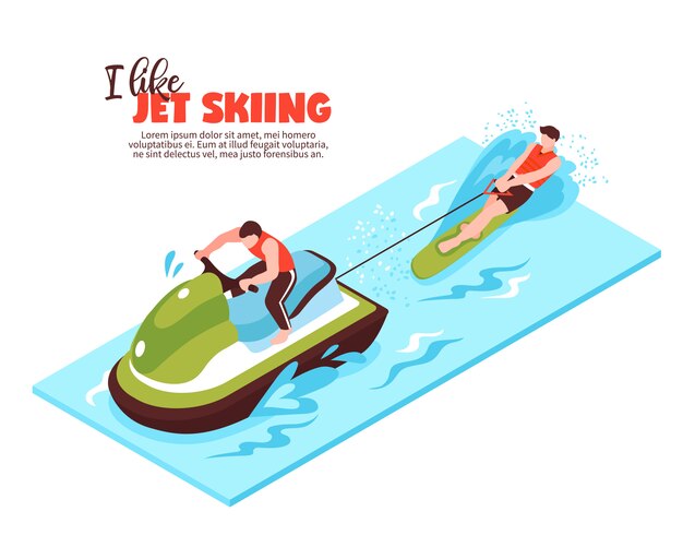 Extreme sport isometric  with towing boat and sportsman engaged in water skiing