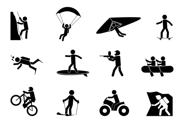 Extreme sports or adventure silhouettes set