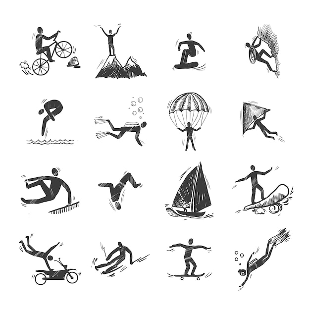 Vettore gratuito icone di sport estremi schizzo di immersioni vela salto isolato doodle illustrazione vettoriale