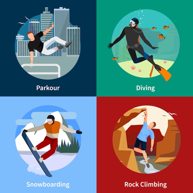 Vettore gratuito sport estremi persone icone 2x2 con parkour immersioni snowboard e arrampicata su roccia