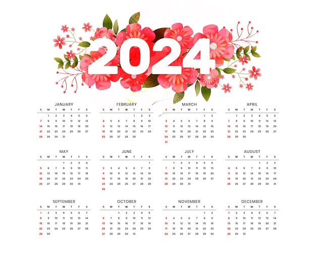 Modello di calendario per la pianificazione di eventi del 2024 accattivante con vettore di decorazione floreale