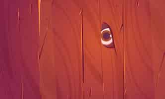 Free vector eye in fence hole, peep or spy concept. hidden person looking through wooden plank. peeking, surveillance or voyeurism activity, human or animal eyeball behind of boards, cartoon vector illustration