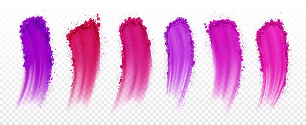 Eyeshadow swatches smears of dry blush for makeup palette isolated on transparent background vector realistic set of pink and purple eye shadows and cosmetic powder strokes