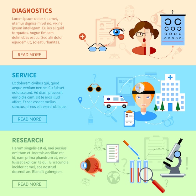 Eyesight problems horizontal banners set with diagnostics service and research symbols