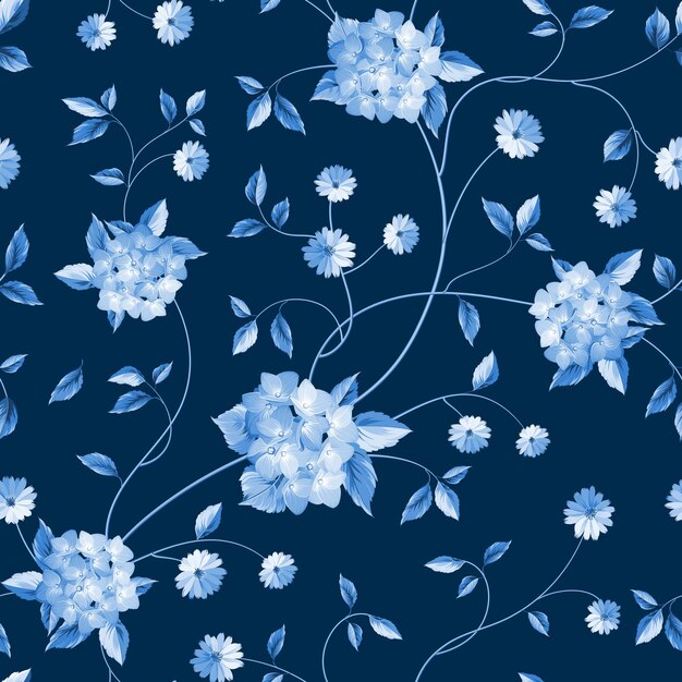 Fabric pattern. Seamless floral background. Shabby chic style patterns with blooming hydrangea. Vector illustration.