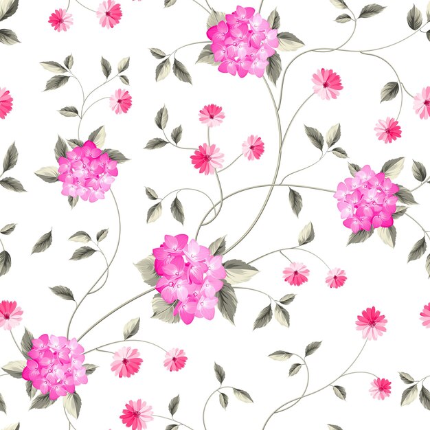 生地のパターン。シームレスな花の背景。あじさいが咲くぼろぼろのシックなスタイルのパターン。ベクトルイラスト。