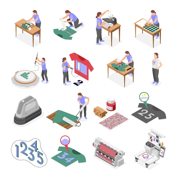 Free vector fabric printing technologies isometric icons set of people creating designs on cloth using silk screen printing and dyeing machine isolated vector illustration