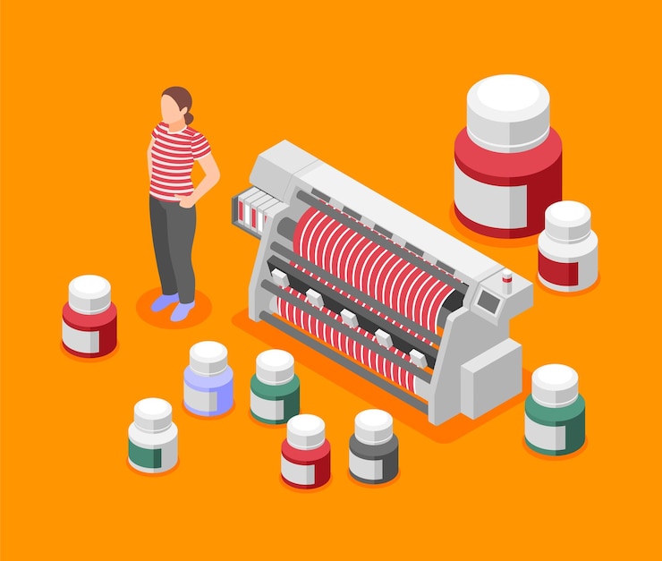 Free Vector fabric printing technologies orange background with jars of paint and fabric dyeing machine isometric vector illustration