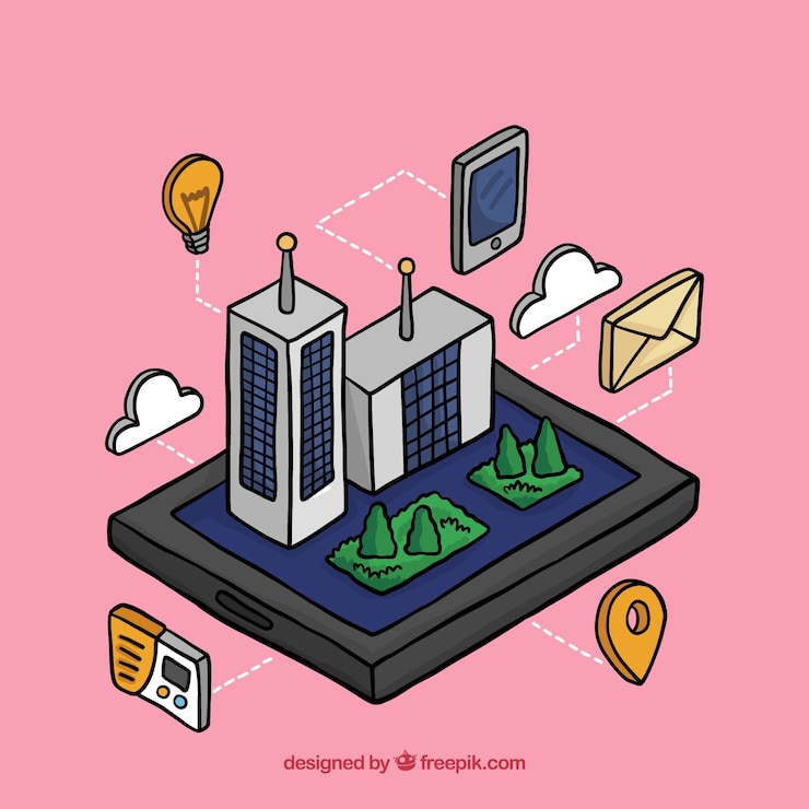 Free Vector facade of buildings with elements in isometric style