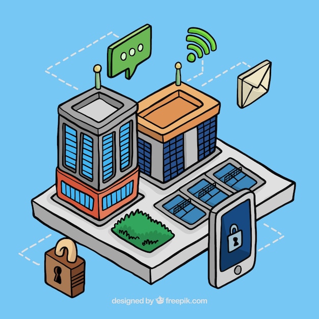 Facade of business buildings in isometric style with elements