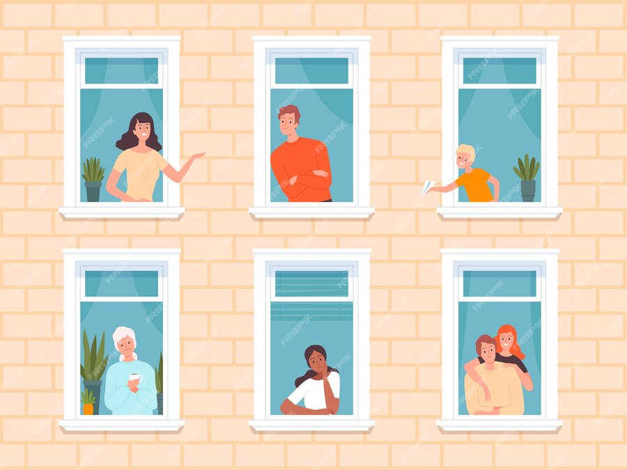 Premium Vector | Facade with people in windows