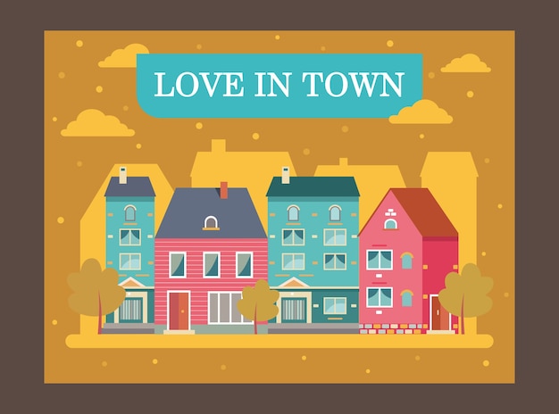 Free vector facades of city houses and promotional text.