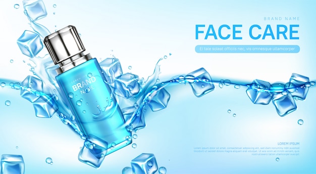 Face care cosmetics bottle in water with ice cubes