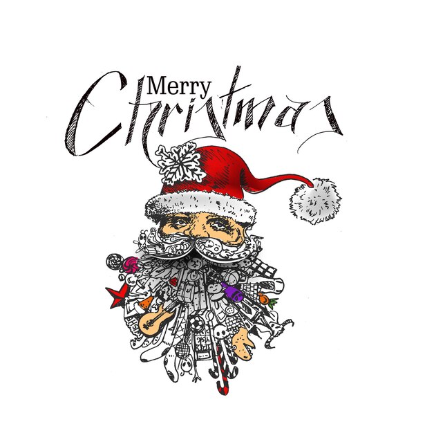 Лицо рождественского персонажа Санта-Клауса, мультяшный стиль Санта-Клауса Дизайн. С Рождеством Христовым текст - векторные иллюстрации