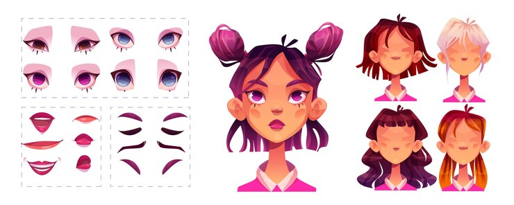 Free Vector face constructor set with cartoon girl elements