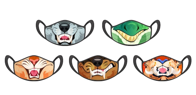 Free vector face masks with scary animal mouth with fangs