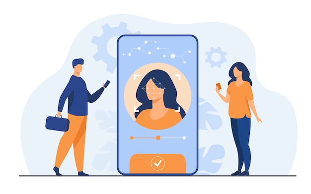 Free vector face recognition and data safety. mobile phone users getting access to data after biometrical checking. for verification, personal id access, identification concept