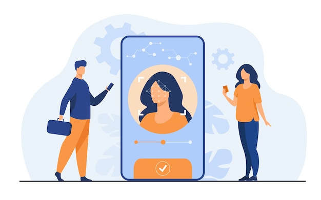 顔認識とデータの安全性。生体認証の後にデータにアクセスする携帯電話ユーザー。検証、個人IDアクセス、識別の概念