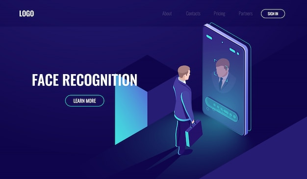 Free vector face recognition, isometric icon, man look into the phone camera, biometric technology