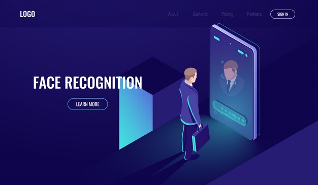 Face recognition, isometric icon, man look into the phone camera, biometric technology