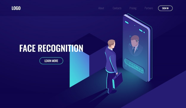 Face recognition, isometric icon, man look into the phone camera, biometric technology