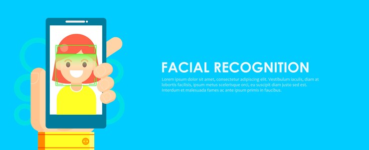 Free Vector face recognition and mobile identification. young woman unlocking her smartphone, or app.