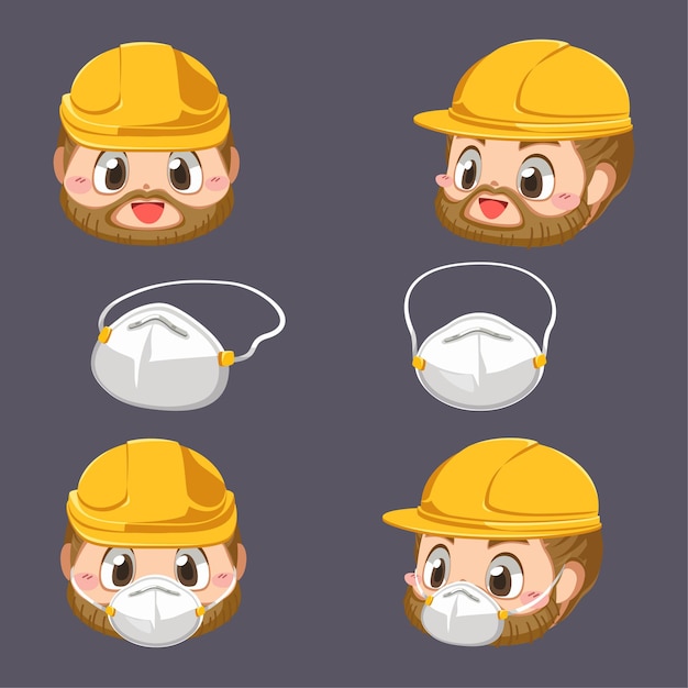 Free vector face of repairman with helmet and protection dust mask in cartoon character, isolated flat illustration